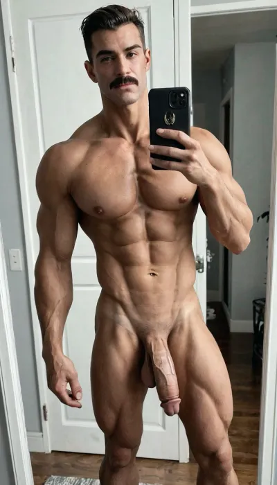 A man taking a mirror selfie with a smartphone. He has a muscular build with visible abdominal muscles and a defined chest. His skin appears fair and shows signs of aging, with some wrinkles and sagging, particularly around the chest and abdomen. He has a few tattoos on his right arm, including a prominent face design on his bicep and a shark fin on his shoulder. His facial features include short, dark hair with some graying, a mustache, and a serious expression. The man's posture is upright, and he is holding the phone with his left hand. The background is a plain white door, which contrasts with his skin tone and highlights his physique. His statuesque lower body is marked by a colossal, fully erect, uncircumcised penis with a pronounced dorsal orientation and the enormous saggy scrotum, significantly above average length and girth for the erect penis. Muscular thighs, shapely, athletic legs, well-developed calves, and strong, well-formed feet with neatly kept toes. His commanding appearance is enhanced by his balanced, proportionate body, ideal salt-and-pepper hair that is well-tapered on the sides, and tanned skin.