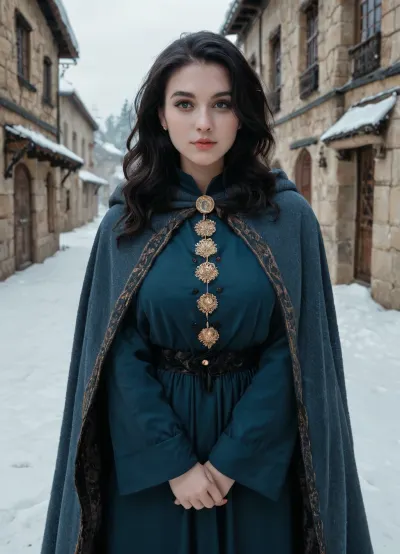 score_9, score_8_up, score_7_up, Full-body cinematic portrait of Jimena, a 19-year-old Castilian noblewoman, arriving alone at a Cordoba palace entrance on a freezing winter night in the 12th century. She has a stunning, youthful face with glowing skin and long, wavy jet-black hair. She is dressed in authentic, sober medieval Castilian attire, a heavy, dark wool cloak lined with thick fur, worn over a high-necked, modest tunic with long sleeves. The heavy fabric of the cloak and dress subtly hints at her curvaceous hourglass figure and medium-sized bust without being revealing. She stands in a dark, stone-walled courtyard with snow on the ground, illuminated by a few distant torches. Cold blue night atmosphere contrasted with warm orange torchlight. High-quality, realistic textures, 8k resolution, mysterious and cinematic mood.