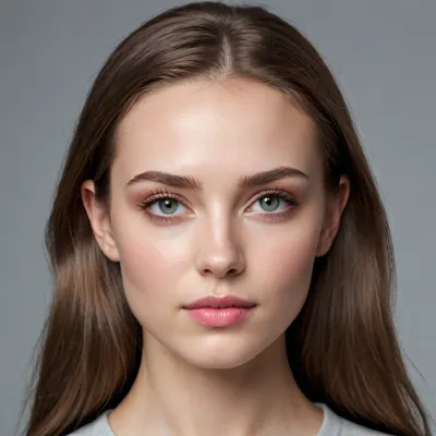 Ultra-realistic young woman’s face, symmetrical and softly oval with balanced proportions, delicate feminine structure. Fair light skin with a neutral-warm undertone, smooth porcelain texture, subtle natural blush on the cheeks, barely visible pores, no freckles, no blemishes. Forehead smooth and moderately high. Eyebrows medium thickness, naturally shaped with a gentle soft arch, slightly darker than hair, clean and well-defined but not sharp.

Eyes almond-shaped, medium-large, slightly elongated horizontally, calm and focused expression. Iris color light green-gray with a soft hazel tint, clear sclera, subtle limbal ring. Upper eyelids smooth with a visible but soft crease, lower lids clean with minimal shadowing. Long natural eyelashes, darker at the roots. Gaze straight forward, neutral and serene.

Nose straight and refined, narrow bridge, smooth slope, small proportional width, softly rounded tip, delicate nostrils with no flaring. Cheekbones moderately high but subtle, creating gentle facial contour without sharp angles.

Lips medium-full with natural volume, lower lip slightly fuller than upper, well-defined yet soft cupid’s bow, corners relaxed. Lip color natural muted rose-pink, matte texture, no gloss.

Jawline smooth and feminine, not angular, tapering softly into a small rounded chin. Overall expression calm, composed, slightly introspective. Hair framing the face, medium brown with warm undertones, smooth texture, center part, softly falling along both sides of the face. Neutral lighting emphasizing natural skin tones, photorealistic detail, high fidelity facial anatomy.