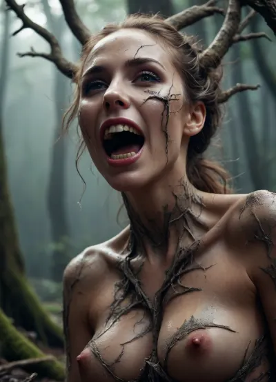 fantay art, women, beast, intertwine with roots, shreds, fangs, moondust. /©KlTTY-ART/