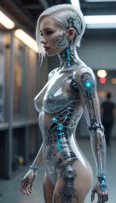 full-body portrait, ((Asian cyborg girl with transparent skull with visible wires and plasma inside her skull:.8)), human face with many scars and some platinum hair looking to the side, robotic skeleton, many tattoos, showing robotic feet, walking in cyberpunk, <lora:PAseer-SDXL-Transparent Robot:.5>