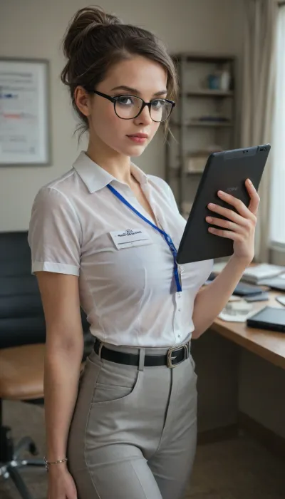 (realistic), 1girl, focus beautiful face, (((busty girl))), professional office wear, white translucent short sleeve unbutton shirt, slim long grey pants, luxury belt, office leather shoes, neat suits, neat short pixie hairstyle, long fringe, ((oval frame glasses)), tablet, official lanyard, luxury watch, sideboobs