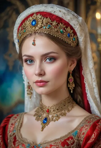 Portrait of a Russian beauty in national costume, lace filigree of bright, rich color. Super clear, highly detailed watercolor, glaze technique, plus colored alcohol ink, style of V. Vasnetsov