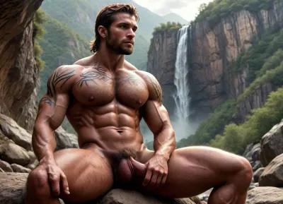 mountains, abandoned, mine, cave, dark fantasy, travelers, pilgrims, Beautiful valley, landscape, high detail, Dynamic visuals, masterpiece, elaborate lighting, waterfall, Standing proudly A Male Warrior God, Realistic male anatomy, Warrior Man large Penis flaccid hanging low, The most handsome looking perfectly formed body ever seen, tribal tattoos covered body, Cinematic wide-screen vuiw, 1st God Warrior Standing full vuiw nearest camera he is looking out at another naked Warrior Sitting further away sittin on a rock Wanking masterbating his cock @hrypctls1, hairy, chest, <lora:Nude_male_photoshoot:.7>, <lora:pein:.5>, <lora:Dramatic_penis_SDXL:1.3>, <lora:@hrypctls1.v1.concept.sdxl_epoch_3:.7>