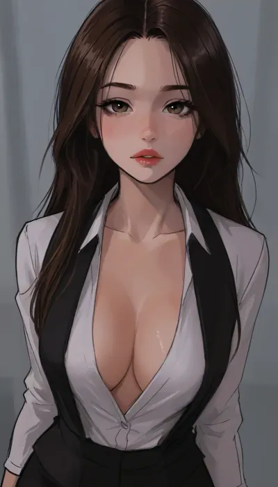 markgavatino style, masterpiece, 1girl, (office background), long hair, view from above, tight secretary costume, very deep cleavage, fake big tits, samdoesarts, by, ((ratatatat74)), <lora:mk_Bp Anime_xl:1.8>, <lora:samdoesarts1.1-000030:.9>, <lora:EnvyAnimeDigitalPaintingXL01:1.2>, <lora:EnvyCuteXL03:1.8>, <lora:ratatatat74-000050:2>