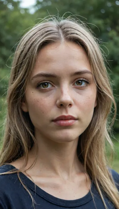 Highly realistic close-up portrait of a young woman with a candid, natural look. Slight head tilt, relaxed posture, spontaneous open expression, mouth slightly

open.

Warm brown eyes, medium-sized, softly rounded almond shape, harmonious spacing, natural lashes with minimal mascara, gently visible upper eyelids. Eyebrows naturally shaped, medium density, softly arched, light brown to dark blonde.

Medium-sized nose with straight bridge and softly rounded tip. Softly curved mouth, upper lip narrow to medium, lower lip slightly fuller, natural rosé tone, gently lifted corners.

Oval face with a clear tendency toward roundness, soft jawline, lightly full cheeks, subtle cheekbones.

Light skin with warm-neutral undertone, extremely dense, prominent freckles covering the entire nose bridge, cheeks, forehead, extending toward temples and upper cheeks, freckles irregular in size and intensity, very natural, visible pores, slight redness around nose and cheeks, completely unretouched.

Very light blonde to platinum blonde hair, straight to slightly wavy, shoulder-length, loose with a natural side part, slightly tousled.

Natural daylight, casual snapshot feel, shallow depth of field, softly blurred background, photorealistic, authentic.