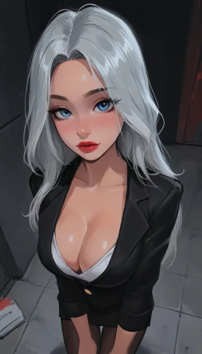 Reiq style, masterpiece, 1girl, (office background), long hair, view from above, tight secretary costume, very deep cleavage, fake big tits, samdoesarts, by, g0th1cxl, glowing, neon, <lora:mk_Bp Anime_xl:1.8>, <lora:samdoesarts1.1-000030:.9>, <lora:EnvyAnimeDigitalPaintingXL01:1.2>, <lora:EnvyCuteXL03:1.8>, <lora:g0th1cXL:1.7>