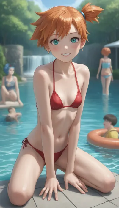 Misty from the anime Pokemon, wearing a bikini, she is 20 years old, smiling, Small breasts, orange hair, At the aqua park, red bikini, ride water slides, Short stature, (Behind them are people who all look different), Sitting in a crouching position