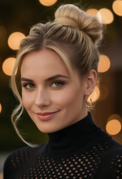 ziprealism, (close-up portrait upper body:1.4), of a woman, (heart-shaped face:1.2), (blue eyes:1.1), (messy blonde bun hairstyle:1.5), (many loose unruly strands framing face:1.6), (wispy flyaways:1.4), (fair skin:1.2), (soft inviting smile:1.3), (gentle engaging gaze:1.3), (neutral makeup:1.1), (pink lips:1.1), wearing a, (dense black perforated mesh high-neck top:1.5), with, (ruffle detail:1.1), and, (thick structured fabric texture:1.3), (pearl drop earrings:1.2), (soft warm ambient lighting:1.4), (golden hour glow:1.2), (intimate atmosphere:1.3), (heavy background bokeh:1.5), (extremely shallow depth of field:1.4), (sharp focus on eyes and hair strands:1.4), (natural photo style:1.3)
