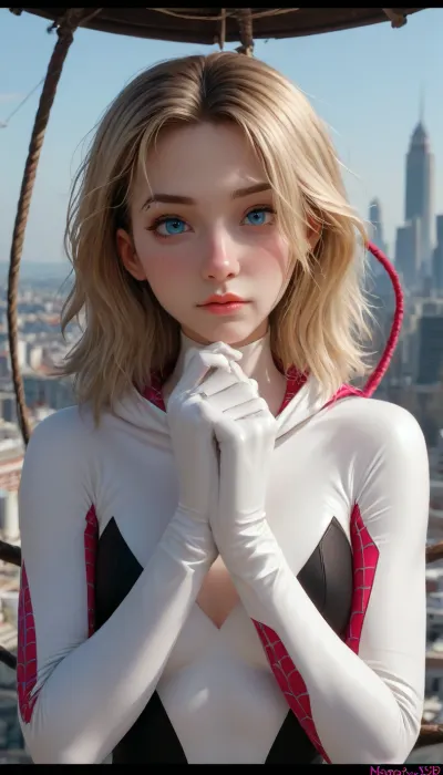(Masterpice), (HD4K visual), (detailed background), 4K ultra-detailed image, HDR, enhancement, professional photography, clear face, detailed face, precise anatomy, (perfect symmetry), (5 fingers per hand), maximum resolution, sharp focus, NSFW, (spider Gwen:1.4), short blond bobbed hair, iconic white and pink latex spider suit, crawling on a side of a tower, overlooking new York, ratatatat74, incase, style, <lora:ratatatat74-000050:1.4>, <lora:Incase_Style__SDXL:1.4>, <lora:Spider-Gwen:1.4>