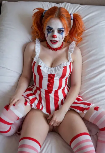 young beautiful girl 18 years old clown girl with big breasts, wearing a pulled-up dress without any underwear, laying on her back with spread legs, no panties, long striped socks, clown makeup, skinny, white face paint, detailed vagina, looking at the viewer, back long high twin multi-colored ponytails, excited, aroused, tack sharp, 4k, dslr