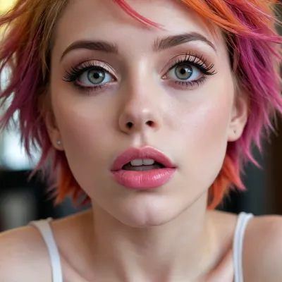 Hyperrealism, natural petite cutie, 21 years old beautiful, stunning unique female character. She has large eyes filled with joy and excitement, extravagant eyelashes, colorful short hair, disheveled hair, making this image a masterpiece of photography . Style, realistic, expressive eyes, punk, pretty and cute, big sexy gleaming lips, white skin, pucker up lips