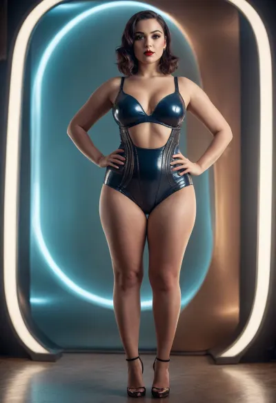 tall curvy 20's style woman, thin waist, thick thighs, thick hips, round bottom, full front body image
