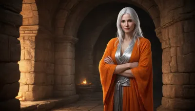 (one woman, Hamal, 55 year old, scandinavian, white medium hair, wrinkles, small breasts, tired face), (inside medieval underground stone temple, silver stone walls, no windows), (open revealing orange medieval robes, exposing breasts), (folding arms, crossed arms covering breasts), dark ambiance, perfect straight eyes, artwork, digital painting, concept art, flat colors, loading screen art style, <lora:LegendDarkFantasy-000001:.6>