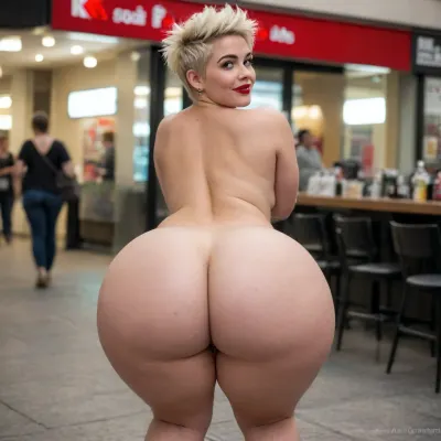 voluptuous, beautiful, Curvy white woman, blonde hair, messy spiky pixie cut hairstyle, red lipstick, squatting naked in public, head turned smiling, showing off beautiful big round ass, bottomheavy, big, ass, huge, gigantic, thick, thighs, massive, <lora:bottomheavy_v1_sdxl_LoRA:1.9>
