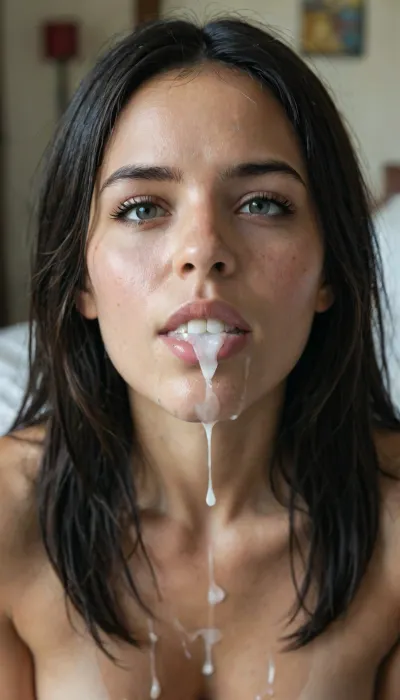 Face of 25 year old Skinny native American girl, with a dark Indian Tan, Long black hair, photorealistic, face only, detailed face, beautiful lips, mouth very wide Open, completely filled with realistic, excessive, thick, dripping cum, flowing Out of mouth, dripping down, face completely covered, drenched in cum, Strains of cum hanging on nose, chin, face. looking at viewer, thick dick Very deep in mouth, deepthroat, bukkake, whole face completely Covered in excessive cum, bukkake sryle