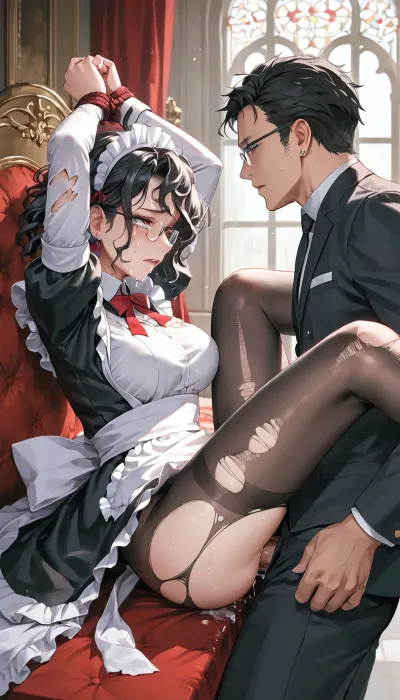 30 years japanese woman black hairs, submissive face, ripped black pantyhose, ripped maid cloths, glasses, in mansion red bedroom, crying, hand tied up above head, missionary penetration side view, maid, <lora:MJ52:.8>, <lora:lastpenet:2>, <lora:xl_cute_maid_dress-1.0:.8>