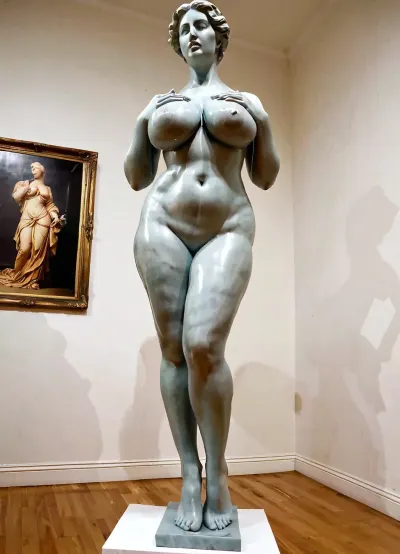 Busty statue with oversized massive siliconed boobs, statue, historical, exhibitionist, full body, suggestive pose statue, art gallery