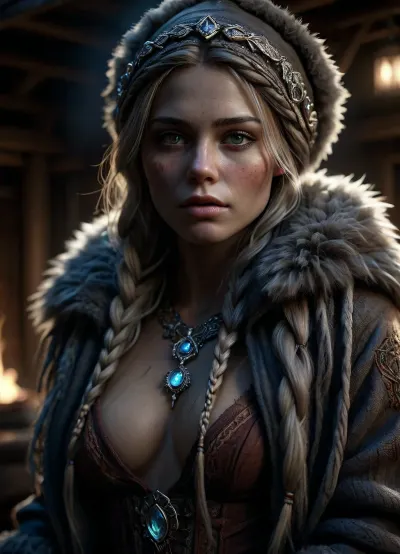 A 25-year-old Scandinavian chieftainess, exquisitely detailed, with flawless skin texture, intricate irises, pupils, eyelashes, and eyebrows, slender lips, light freckles, wearing a soft luxurious fur mantle with only the collar visible, and a matching fur hat, long blonde hair braided, a seductive and daring expression, highly detailed jewelry made of silver and bone, adorned with intricate runes, rune tattoos on her neck and half of her face, background in strong blur with a wooden hut and a cozy indoor fire, perfect photographic lighting with subtle backlight and varied light influences from the sides, capturing every detail with hyper-realistic precision, (close view:1.3), (maximum photo quality:1.4), (maximum resolution:1.5), fingering, pussy, DonMSp3ctr4lXL, holotech, <lora:DonMSp3ctr4lXL-000008:.5>, <lora:dark:.1>, <lora:detailed_notrigger:.6>, <lora:photorealistic_portrait_notrigger:1.1>, <lora:Holotech:.2>