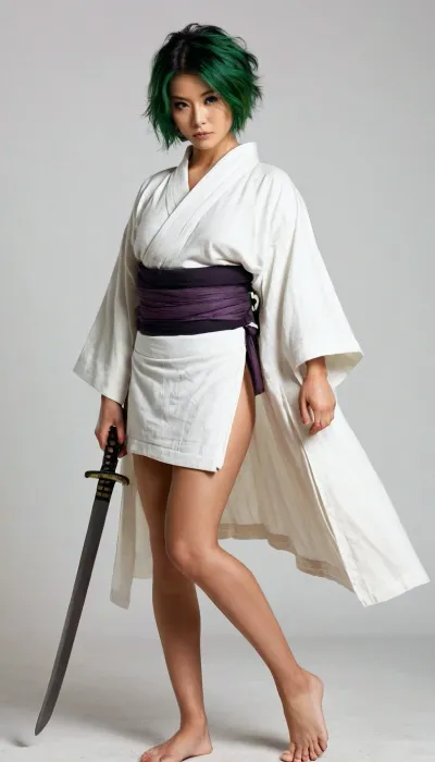Samurai, female, 28 years old, japanese woman, lorenor zorro, very short green hair, messy hair tousled hair, large eyes, cute Face, round face, sympatic face, scar over right eye, white Kimono, large tits, sandals, three samurai swords, prebac, frontlb, rearlb, bothlb, presenting, backside, <lora:PresentBackside.0.9:.8>