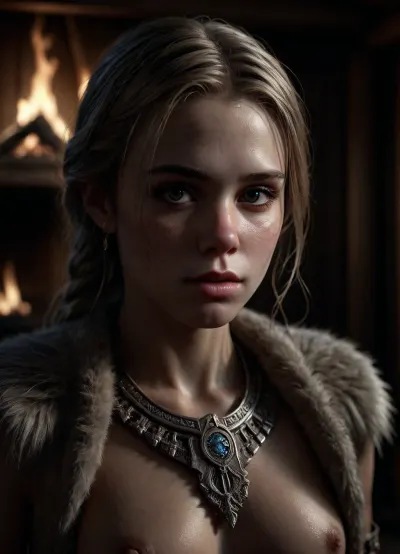 A 25-year-old Scandinavian chieftainess, exquisitely detailed, with flawless skin texture, intricate irises, pupils, eyelashes, and eyebrows, slender lips, light freckles, wearing a soft luxurious fur mantle with only the collar visible, and a matching fur hat, long blonde hair braided, a seductive and daring expression, highly detailed jewelry made of silver and bone, adorned with intricate runes, rune tattoos on her neck and half of her face, background in strong blur with a wooden hut and a cozy indoor fire, perfect photographic lighting with subtle backlight and varied light influences from the sides, capturing every detail with hyper-realistic precision, (close view:1.3), (maximum photo quality:1.4), (maximum resolution:1.5), fingering, pussy, DonMSp3ctr4lXL, Perfil, Armor, Star, Wars, <lora:DonMSp3ctr4lXL-000008:.5>, <lora:dark:.1>, <lora:detailed_notrigger:.6>, <lora:photorealistic_portrait_notrigger:1.1>, <lora:Model_armor_starwars (1):1.8>