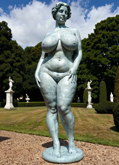 Busty statue with oversized massive siliconed boobs, statue, historical, exhibitionist, full body, suggestive pose statue, art