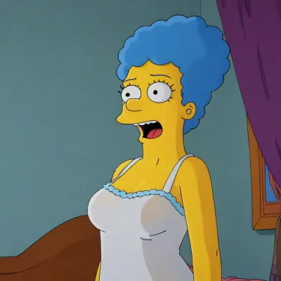 (Marge Simpso from the TV series "The Simpsons"), 80's animation, (animated drawings like Marge simpson), (((simpsons drawing style))), transparent nightdress, blue hair, Simpstyle, <lora:SDXL-Simpstyle-Lora-v2-r16:1.6>