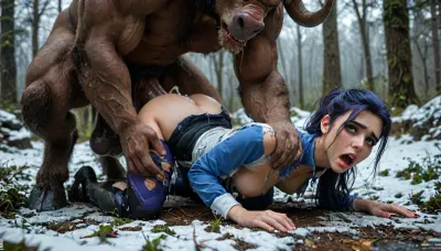 8k, score_9, score_8_up, score_7_up, UHD, 8k wallpaper, (maximum quality:1.5), beautiful face, FILM PHOTOGRAPHY STYLE, cinematic photography of a woman, professional portrait photo realism, widowmaker from overwatch, (crying, tears, ruined makeup, screaming, shocked face), torn clothes, ripped clothes, monster sex, minotaur, colossal pawg ass, ultra detailed face, colossal hips, perfect torso, perfect body, pear shaped, pinned, restraining, headlock, monster grabbing, vaginal sex, vaginal creampie, pained expression, fucked by minotaur, vaginal monster sex, colossal cock, colossal leathery balls, impossible fit, large leaking creampie, dripping cum, snow forest, girl full body view, side view, <lora:detailed_notrigger:.5>, <lora:add-detail-xl:.5>, <lora:LCMTurboMix_Euler_A_fix:.5>, <lora:style_lora_realis:.5>