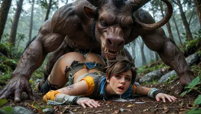 8k, score_9, score_8_up, score_7_up, UHD, 8k wallpaper, (maximum quality:1.5), beautiful face, FILM PHOTOGRAPHY STYLE, cinematic photography of a woman, professional portrait photo realism, tracer from overwatch, (crying, tears, ruined makeup, screaming, shocked face), torn clothes, ripped clothes, monster sex, minotaur, colossal pawg ass, ultra detailed face, colossal hips, perfect torso, perfect body, pear shaped, pinned, restraining, headlock, monster grabbing, vaginal sex, vaginal creampie, pained expression, fucked by minotaur, vaginal monster sex, colossal cock, colossal leathery balls, impossible fit, large leaking creampie, dripping cum, snow forest, girl full body view, side view, <lora:detailed_notrigger:.5>, <lora:add-detail-xl:.5>, <lora:LCMTurboMix_Euler_A_fix:.5>, <lora:style_lora_realis:.5>