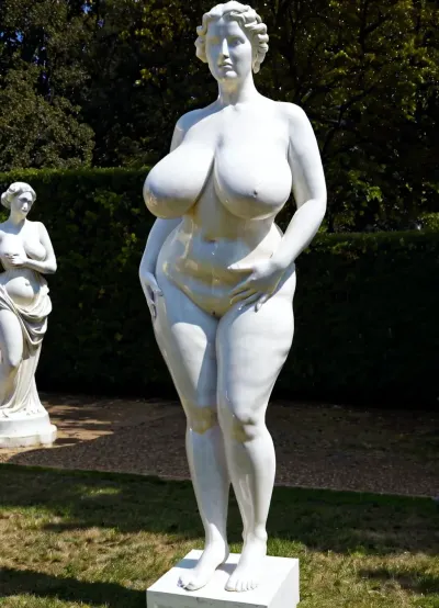 Busty statue with oversized massive siliconed boobs, statue, historical, exhibitionist, full body, suggestive pose statue, art