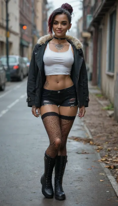 Fit dark skinned black girl, punk colored mowhawk, leather boots, heavy winter coat with fur hood, ripped white tank top, fishnet stockings, black leather booty shorts, choker, tattoos, cute smile, nature preserve