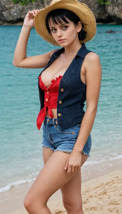Pirate captain, female, 25 years old, Brazilian, monkey d luffy, very short black hair, tousled hair, straw hat with a red ribbon, large eyes, scar under her left eye, red button-up waistcoat, large tits, blue denim hot pants, sandals, downblouse, nipslip, <lora:RealDownblouseXL2:.8>