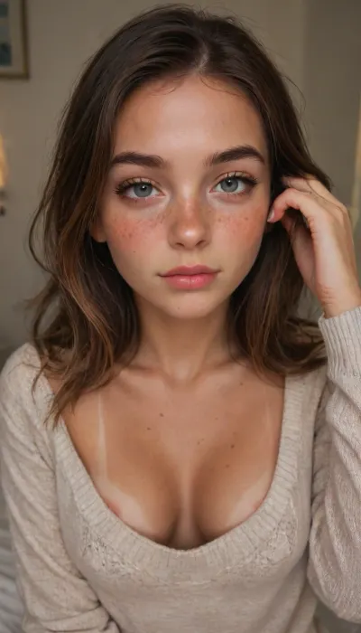 ziprealism, (score_9, score_8_up, 1girl), closeup shot, sharp focus, high saturation, high contrast, high angle, focus on eyes, perfect eyes, perfect hands, smokey makeup, long eyelashes, full lips, elegant facial features, young woman, naughty woman, (small natural breasts, pale breasts, cleavage, loose comfy sweater, tan lines, nipple slip, romantic esthetic, cozy bedroom, intimate moment:1.2), (horny, hungry expression, freckles, blushing, flushed face, seductive pose, hand up, hand in hair:1.4), igbaddie, <lora:igbaddie-XL:.8>, <lora:add-detail-xl:.8>