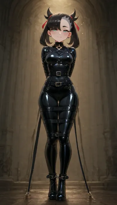 masterpiece, marnie from pokemon, best quality, ultra-high-detailed, 1girl, cute tall, tall, smile, latex suit, stockings, stocking gloves, belt bondage, ((belt)), (bondage:1.6), tight bondage, ((tied with straps)), elbows are brought together from behind back, hands behind back, (armbinder)