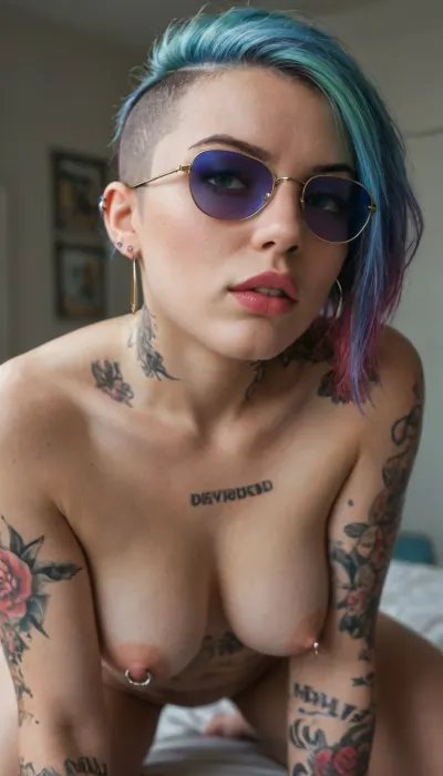 34 year old cute fit punk girl, (tattoos:1.5), shaved side undercut, dyed hair, perky tits, pierced nipple rings, dimples, nude, eyebrow piercing, nose ring, hoop earrings, blue plastic sunglasses, lipstick, nail polish, spider tattoos, angry fucking doggy style