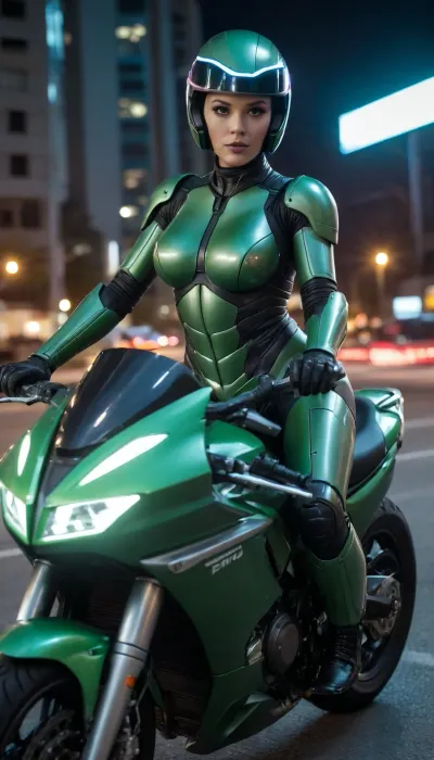 futuristic, in town, night, neons, female Robocop, green armor, (no hair), helmet with visor, riding big futuristic green motor, sexy pose, lying forward on the motorcycle