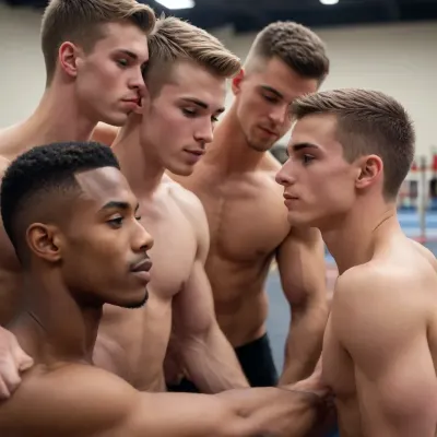 a diverse group of muscular 20-year old male gymnasts relax close together after an intense training session, ready to kiss each other
