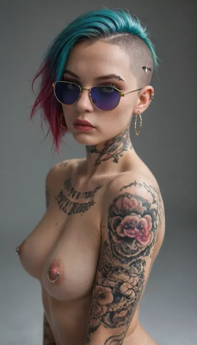 34 year old cute fit punk girl, (tattoos:1.5), shaved side undercut, dyed hair, perky tits, pierced nipple rings, dimples, nude, eyebrow piercing, nose ring, hoop earrings, blue plastic sunglasses, lipstick, nail polish, spider tattoos, angry fucking