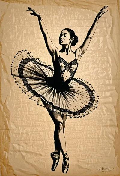 Graceful asian ballerina in mid-air leap, pen and ink drawing, intricate cross-hatching, fine line work, black ink on parchment, detailed tutu texture, sharp silhouettes, academic sketch style, Fresh, and, creative, pen, strokes, <lora:Fresh Ideas@Pen and ink drawings_SDXL:.8>, <lora:Detailed_female_hands-000001:.8>