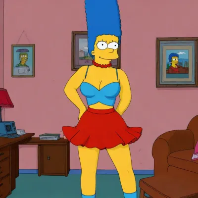 (Busty Marge Simpso from the TV series "The Simpsons"), 80's animation, (animated drawings like Marge simpson), (((simpsons drawing style))), red skirt and red tanktop, skirt lift up, panties visible, blue hair, Simpstyle, <lora:SDXL-Simpstyle-Lora-v2-r16:2>