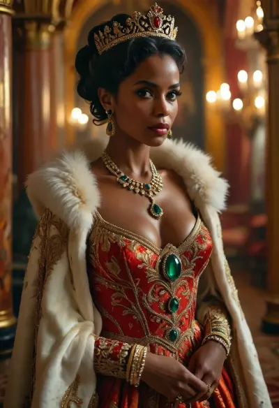 Create a highly detailed, realistic portrait of the Queen of Saba as she gracefully walks through her throne room. The Queen, depicted as a Black African woman, exudes regal elegance and grandeur. She is adorned in an opulent dress, richly embellished with diamonds, rubies, and emeralds. Her attire should reflect immense wealth and royal status, with intricate gold detailing and luxurious fabrics. The diamonds should sparkle brilliantly against her dark skin, highlighting her regal presence. The scene should capture the elegance, wealth, and cultural richness of the royal court, focusing solely on the Queen’s majestic appearance and the splendor of her garments, breasts, massive, (maximum detail), (super realistic photo:1.4), <lora:MJ52:.6>, <lora:Super_Eye_Detailer_By_Stable_Yogi_SDPD0:.3>, <lora:BUT_SDXL_SHS:.3>, <lora:Sweaty_Realism_4-000006:.8>, <lora:Cloudy_Style:.8>