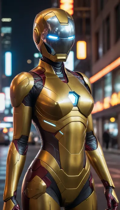 futuristic, in town, night, neons, female Ironman, chrome colour, yellow armor, (no hair), helmet with visor, masked face