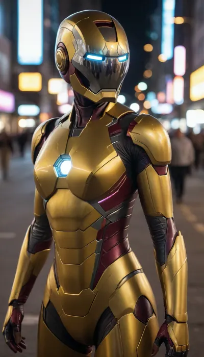 futuristic, in town, night, neons, female Ironman, chrome colour, yellow armor, (no hair), helmet with visor, masked face