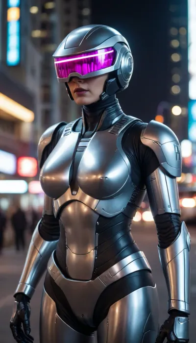in future town, night, neons, female Robocop, metallic color, silver armor, (no hair), helmet with visor