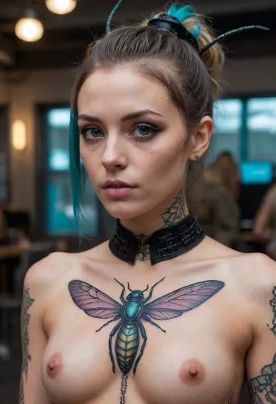Bionic tattooed insect girl, hybrid, metamorph, cyberpunk, fantasy, <lora:dggy:.5>