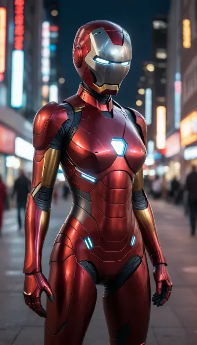 futuristic, in town, night, neons, female Ironman, chrome colour, red armor, (no hair), helmet with visor, masked face