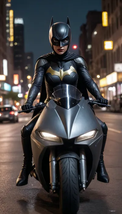 futuristic, in town, night, Batgirl, chrome color, grey armor, (no hair), helmet with visor, masked face, cape, (the black eye tour:1.5), riding the batmoto, grey motorcycle