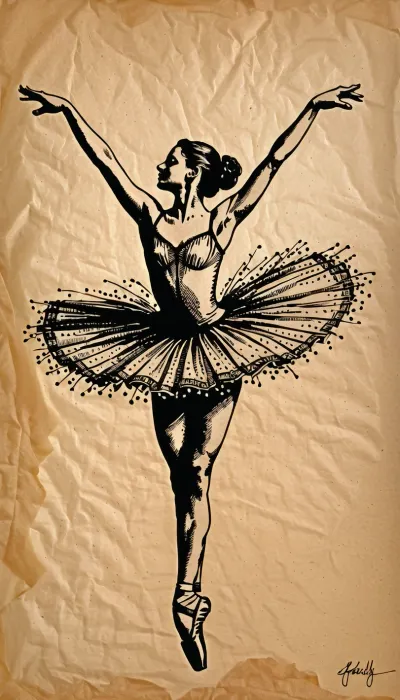 Graceful ballerina in mid-air leap, pen and ink drawing, intricate cross-hatching, fine line work, black ink on parchment, detailed tutu texture, sharp silhouettes, academic sketch style, Fresh, and, creative, pen, strokes, <lora:Fresh Ideas@Pen and ink drawings_SDXL:.8>, <lora:Detailed_female_hands-000001:.8>