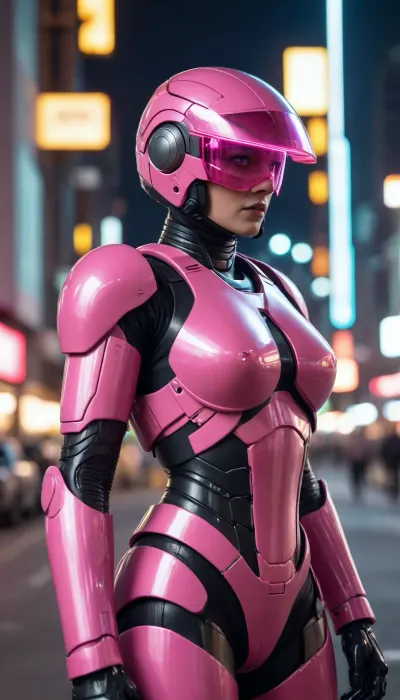 in future town, night, neons, female Robocop, pink armor, (no hair), helmet with visor