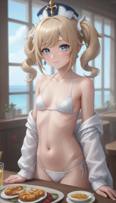 Barbara from Genshin Impact, she is 20 years old, she is smiling, wearing a white bikini in a restaurant by the sea, the weather is sunny, Small breasts